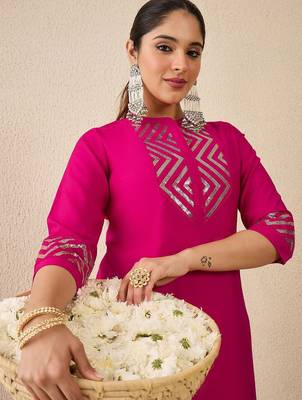 Embroidered Mirror Work Straight Kurta With Trousers 5