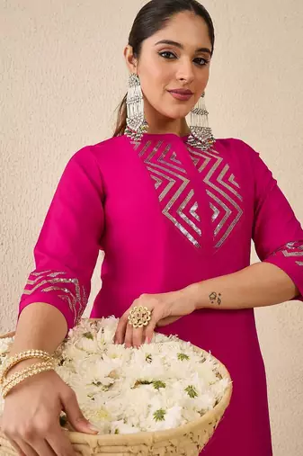 Embroidered Mirror Work Straight Kurta With Trousers