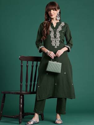 Floral Embroidered Thread Work Pure Cotton Kurta & Trousers 4