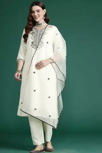 Ethnic Motifs Embroidered Zari Kurta With Trousers & Dupatta