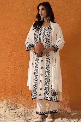 White Floral Embroidered Straight Kurta with Trousers & Dupatta