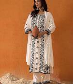 White Floral Embroidered Straight Kurta with Trousers & Dupatta