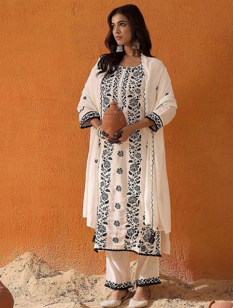 White Floral Embroidered Straight Kurta with Trousers & Dupatta
