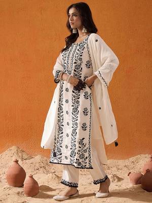 White Floral Embroidered Straight Kurta with Trousers & Dupatta 5
