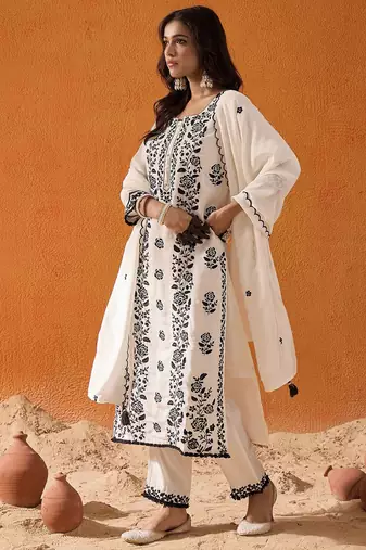 White Floral Embroidered Straight Kurta with Trousers & Dupatta