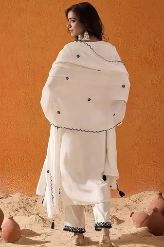 White Floral Embroidered Straight Kurta with Trousers & Dupatta