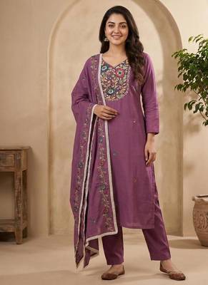 Embroidery Roman Silk Fabric Straight Kurta Pant and Dupatta Set 1