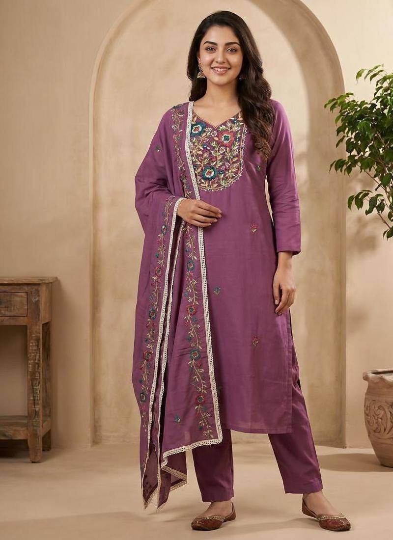 Embroidery Roman Silk Fabric Straight Kurta Pant and Dupatta Set