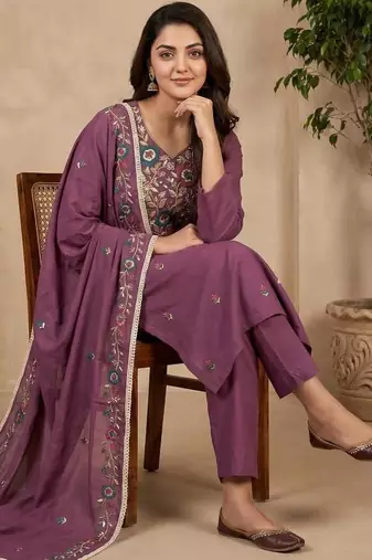 Embroidery Roman Silk Fabric Straight Kurta Pant and Dupatta Set