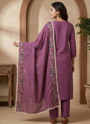 Embroidery Roman Silk Fabric Straight Kurta Pant and Dupatta Set 4