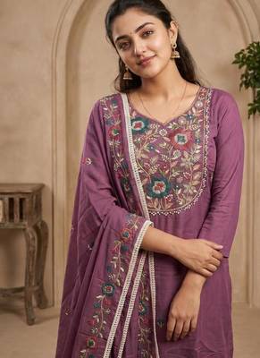 Embroidery Roman Silk Fabric Straight Kurta Pant and Dupatta Set 5