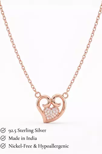 925 Sterling Silver Rose Gold  Heart Pendant Necklace  Set for Women