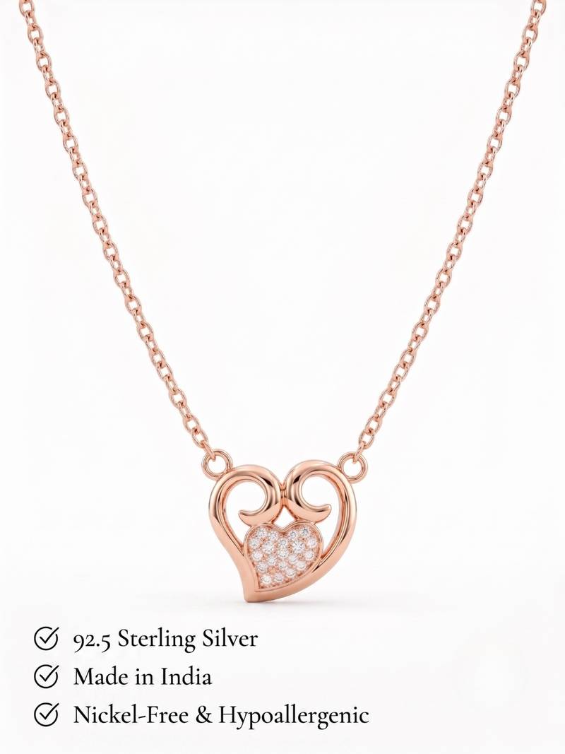 925 Sterling Silver Rose Gold  Heart Pendant Necklace  Set for Women