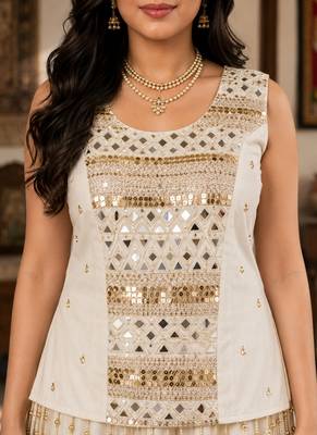 off white cotton embroidered mirror work ghagra choli 2