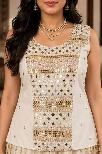 off white cotton embroidered mirror work ghagra choli