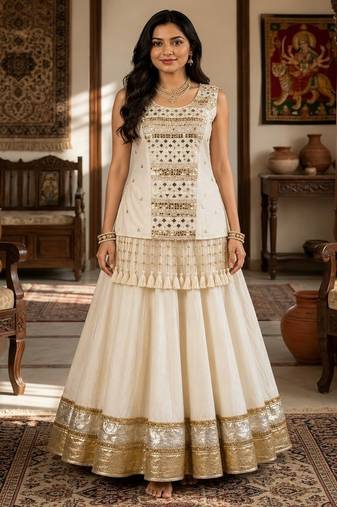 off white cotton embroidered mirror work ghagra choli