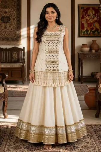 off white cotton embroidered mirror work ghagra choli
