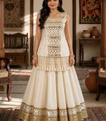 off white cotton embroidered mirror work ghagra choli