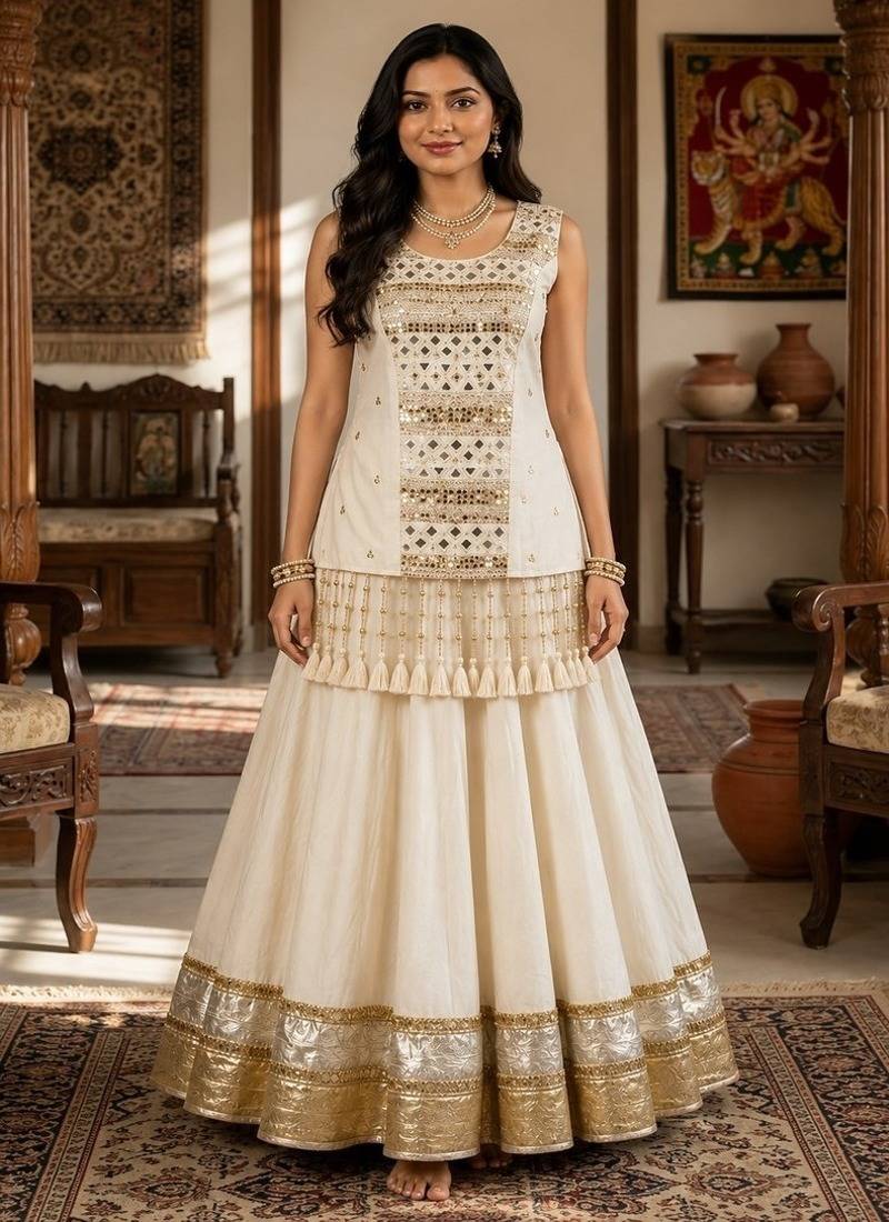 off white cotton embroidered mirror work ghagra choli