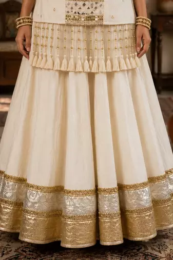 off white cotton embroidered mirror work ghagra choli