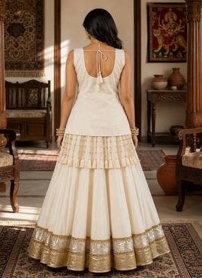 off white cotton embroidered mirror work ghagra choli 5