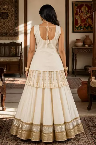 off white cotton embroidered mirror work ghagra choli