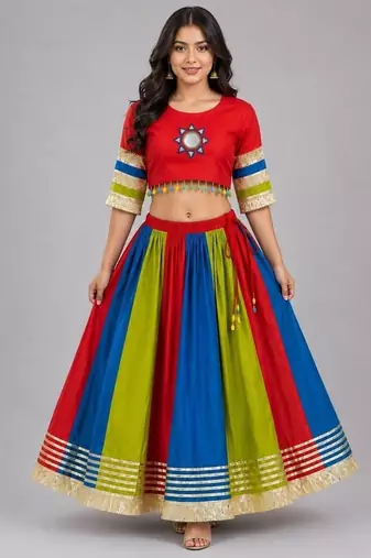 multicolor cotton embroidered mirror work ghagra choli