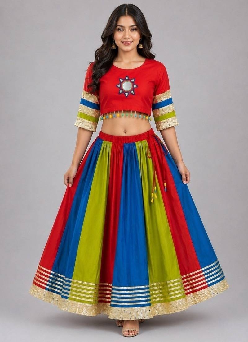 multicolor cotton embroidered mirror work ghagra choli