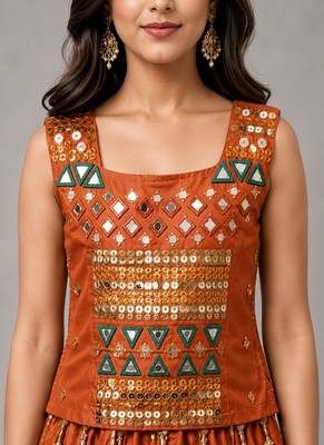 orange cotton embroidered mirror work ghagra choli 2