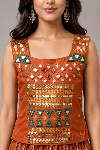 orange cotton embroidered mirror work ghagra choli
