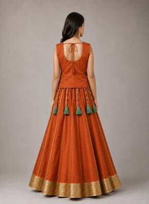 orange cotton embroidered mirror work ghagra choli 3