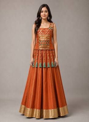 orange cotton embroidered mirror work ghagra choli 1