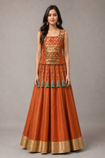 orange cotton embroidered mirror work ghagra choli