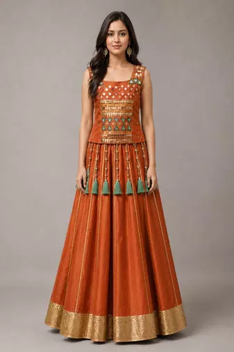 orange cotton embroidered mirror work ghagra choli