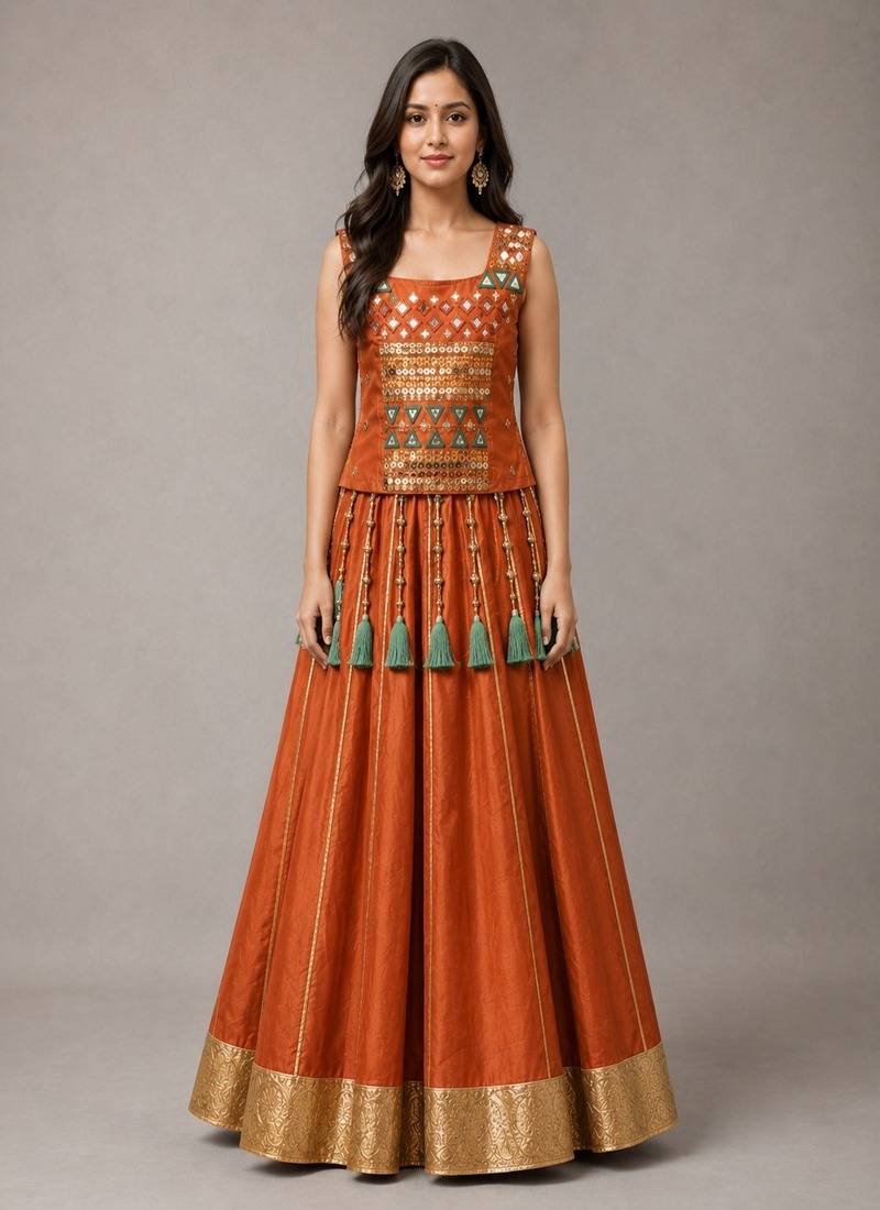 orange cotton embroidered mirror work ghagra choli