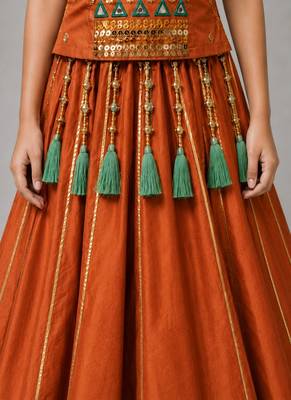 orange cotton embroidered mirror work ghagra choli 5