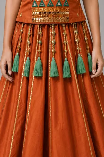orange cotton embroidered mirror work ghagra choli