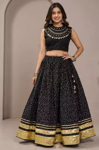 black cotton embroidered mirror work ghagra choli