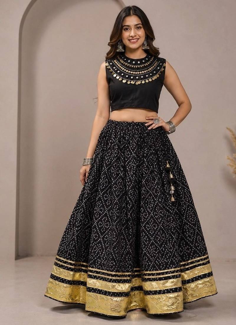 black cotton embroidered mirror work ghagra choli