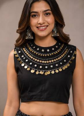 black cotton embroidered mirror work ghagra choli 4