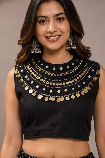 black cotton embroidered mirror work ghagra choli