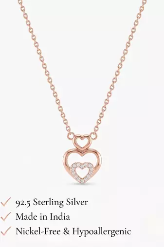 925 Sterling Silver Rose Gold  Triple Heart Pendant Necklace Set for Women