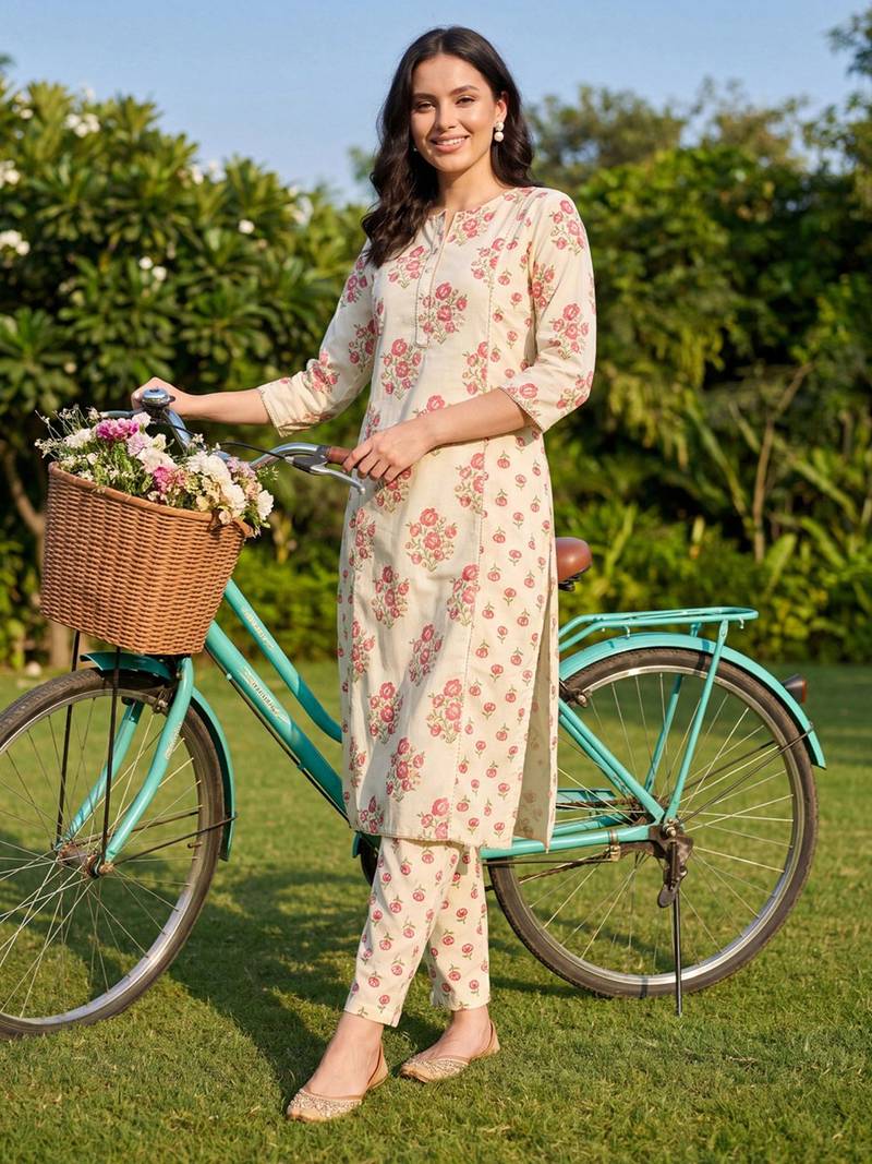 Women Floral Printed Regular Pure Cotton Kurta with Trousers