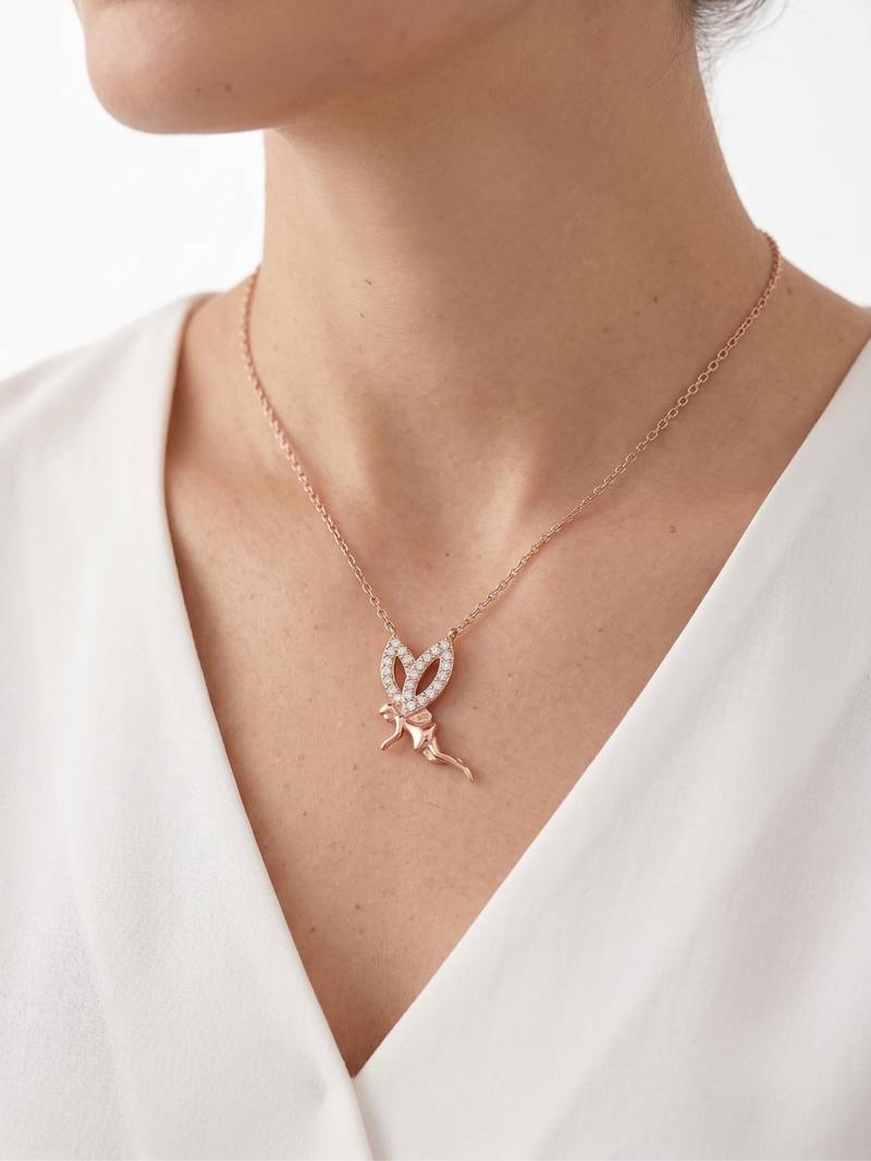 925 Sterling Silver Rose Gold Fairy Pendant Necklace  Set for Women