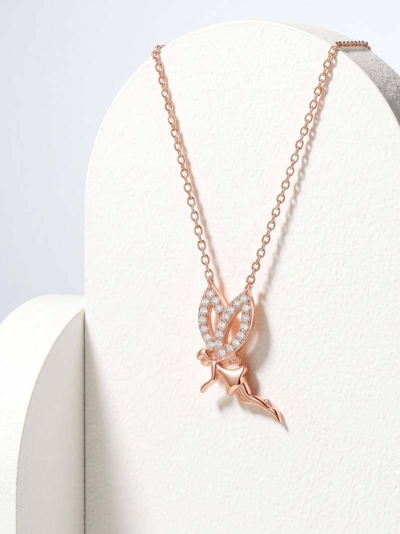 925 Sterling Silver Rose Gold Fairy Pendant Necklace  Set for Women
