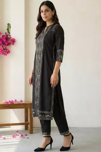 Women Ethnic Motifs Printed Regular Mirror Work Pure Cotton Kurta with Trousers