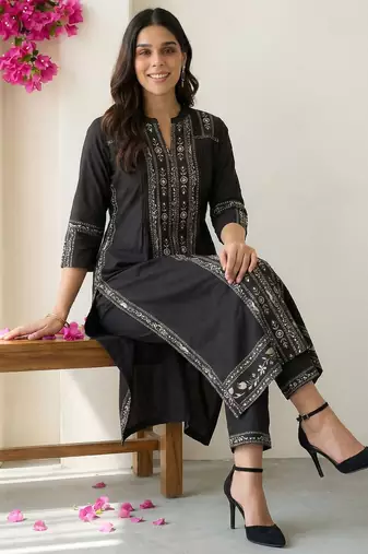 Women Ethnic Motifs Printed Regular Mirror Work Pure Cotton Kurta with Trousers
