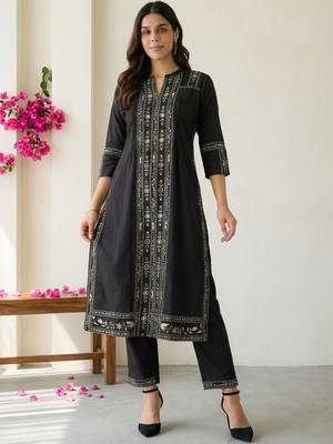 Women Ethnic Motifs Printed Regular Mirror Work Pure Cotton Kurta with Trousers 6