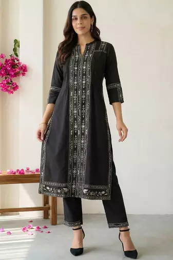 Women Ethnic Motifs Printed Regular Mirror Work Pure Cotton Kurta with Trousers