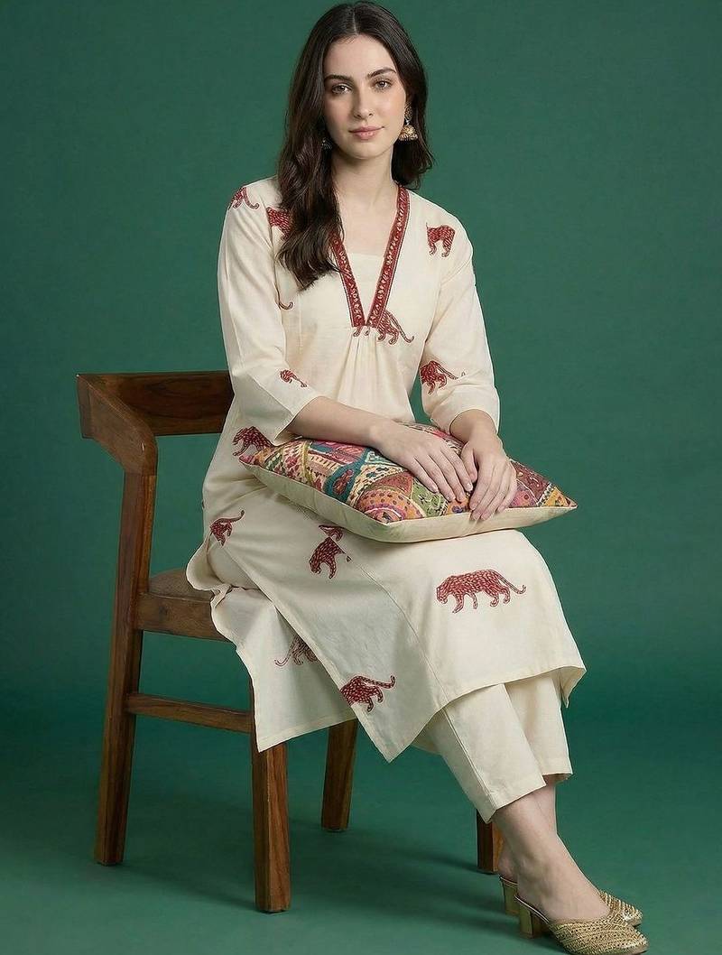 Women Animal Printed Regular Thread Work Pure Cotton Kurta with Trousers